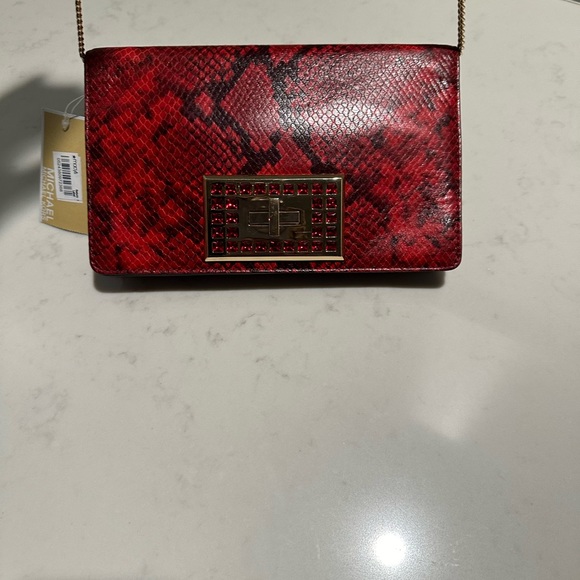 NWT Michael Kors Ellie Medium Shoulder Flap Python Embossed Red Leather Bag - Picture 5 of 12